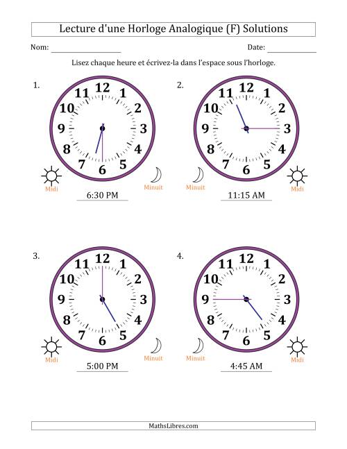 Lecture de l'Heure sur Une Horloge Analogique utilisant le système horaire sur 12 heures avec 15 Minutes d'Intervalle (4 Horloges) (F) page 2
