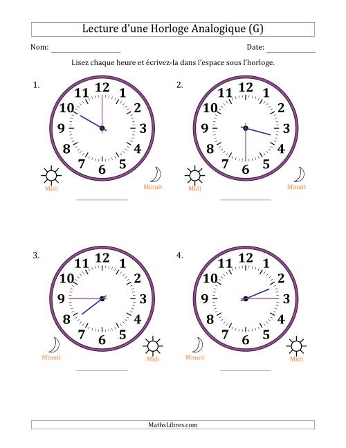 Lecture de l'Heure sur Une Horloge Analogique utilisant le système horaire sur 12 heures avec 15 Minutes d'Intervalle (4 Horloges) (G)