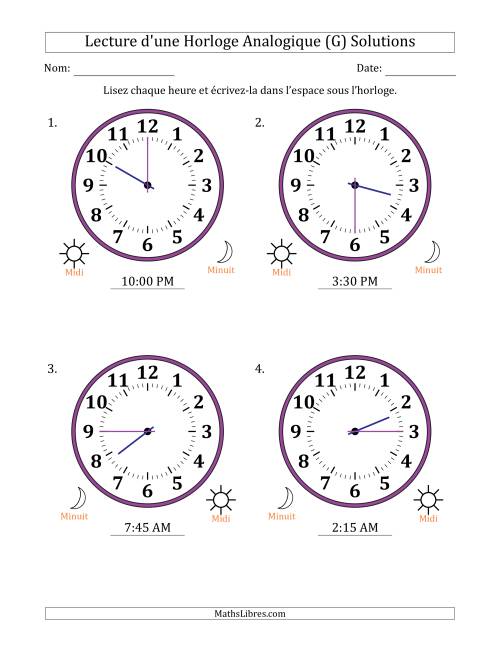 Lecture de l'Heure sur Une Horloge Analogique utilisant le système horaire sur 12 heures avec 15 Minutes d'Intervalle (4 Horloges) (G) page 2
