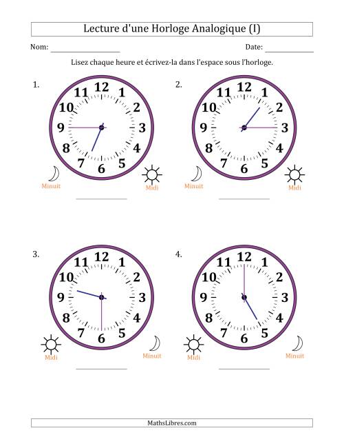 Lecture de l'Heure sur Une Horloge Analogique utilisant le système horaire sur 12 heures avec 15 Minutes d'Intervalle (4 Horloges) (I)