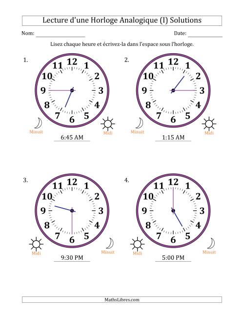 Lecture de l'Heure sur Une Horloge Analogique utilisant le système horaire sur 12 heures avec 15 Minutes d'Intervalle (4 Horloges) (I) page 2