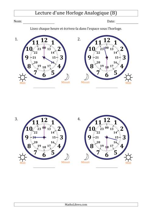 Lecture de l'Heure sur Une Horloge Analogique utilisant le système horaire sur 24 heures avec 30 Minutes d'Intervalle (4 Horloges) (B)