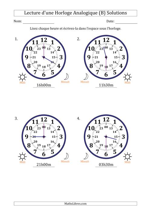 Lecture de l'Heure sur Une Horloge Analogique utilisant le système horaire sur 24 heures avec 30 Minutes d'Intervalle (4 Horloges) (B) page 2