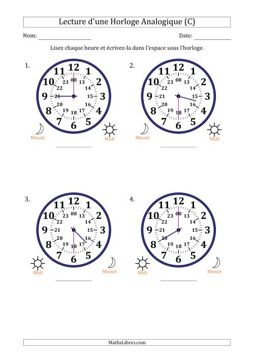 Lecture de l'Heure sur Une Horloge Analogique utilisant le système horaire sur 24 heures avec 30 Minutes d'Intervalle (4 Horloges) (C)