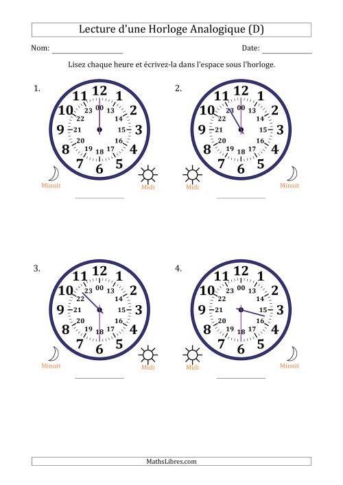 Lecture de l'Heure sur Une Horloge Analogique utilisant le système horaire sur 24 heures avec 30 Minutes d'Intervalle (4 Horloges) (D)