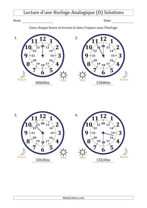 Lecture de l'Heure sur Une Horloge Analogique utilisant le système horaire sur 24 heures avec 30 Minutes d'Intervalle (4 Horloges) (D) page 2