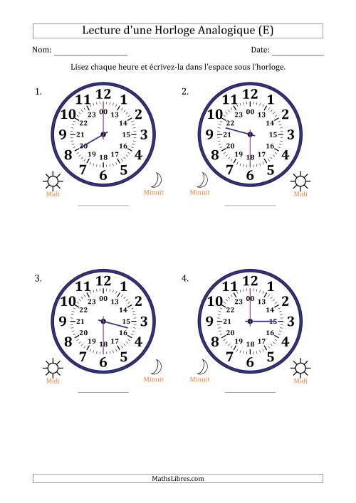 Lecture de l'Heure sur Une Horloge Analogique utilisant le système horaire sur 24 heures avec 30 Minutes d'Intervalle (4 Horloges) (E)
