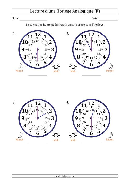 Lecture de l'Heure sur Une Horloge Analogique utilisant le système horaire sur 24 heures avec 30 Minutes d'Intervalle (4 Horloges) (F)