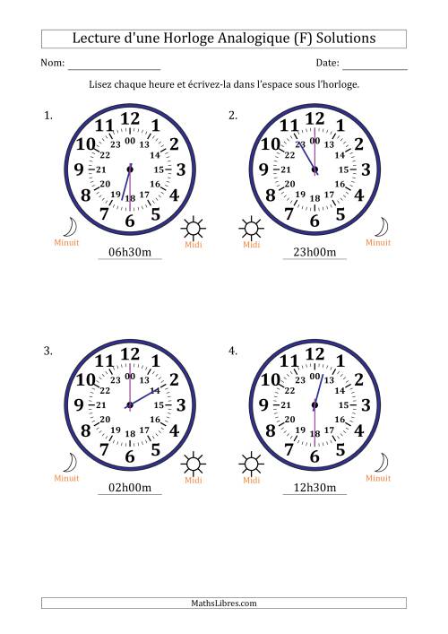 Lecture de l'Heure sur Une Horloge Analogique utilisant le système horaire sur 24 heures avec 30 Minutes d'Intervalle (4 Horloges) (F) page 2