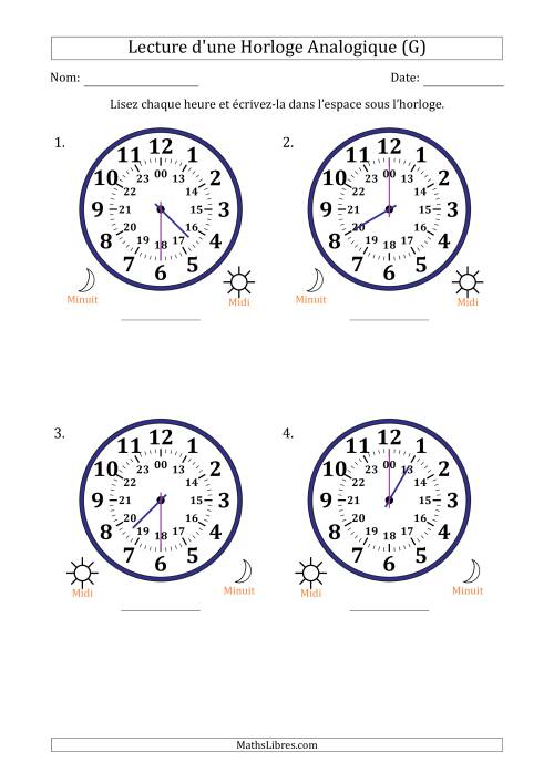 Lecture de l'Heure sur Une Horloge Analogique utilisant le système horaire sur 24 heures avec 30 Minutes d'Intervalle (4 Horloges) (G)