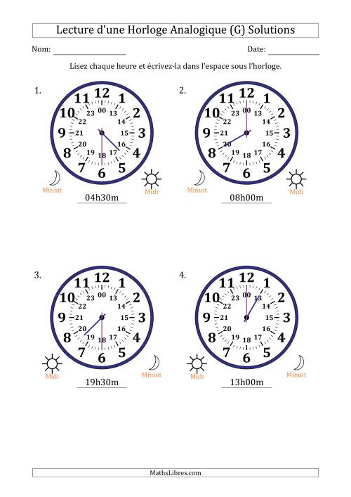 Lecture de l'Heure sur Une Horloge Analogique utilisant le système horaire sur 24 heures avec 30 Minutes d'Intervalle (4 Horloges) (G) page 2