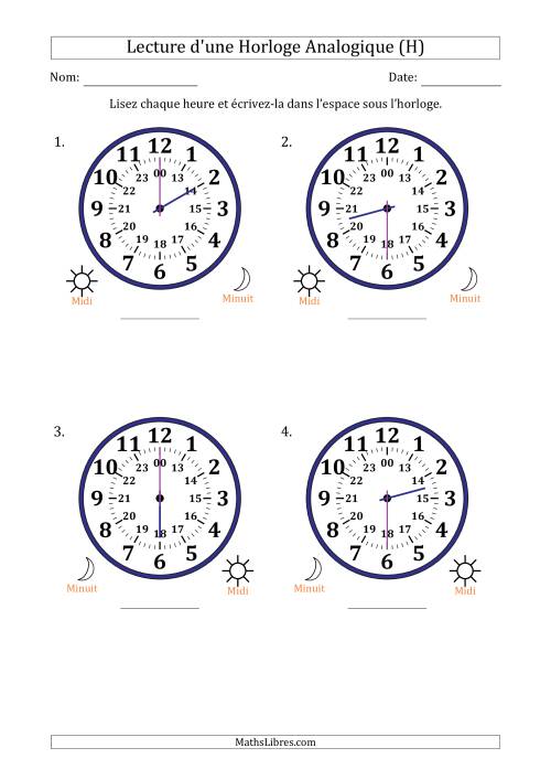 Lecture de l'Heure sur Une Horloge Analogique utilisant le système horaire sur 24 heures avec 30 Minutes d'Intervalle (4 Horloges) (H)