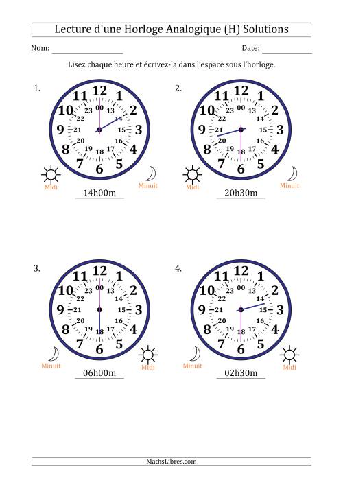Lecture de l'Heure sur Une Horloge Analogique utilisant le système horaire sur 24 heures avec 30 Minutes d'Intervalle (4 Horloges) (H) page 2