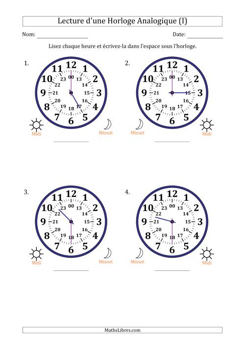 Lecture de l'Heure sur Une Horloge Analogique utilisant le système horaire sur 24 heures avec 30 Minutes d'Intervalle (4 Horloges) (I)