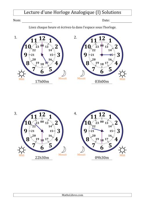 Lecture de l'Heure sur Une Horloge Analogique utilisant le système horaire sur 24 heures avec 30 Minutes d'Intervalle (4 Horloges) (I) page 2
