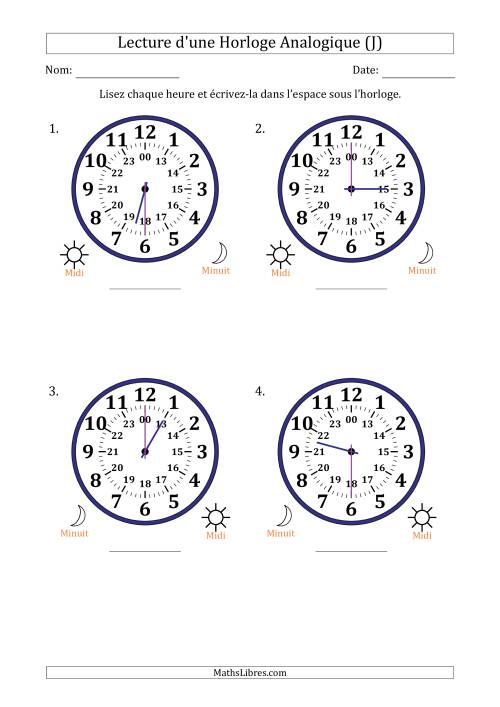 Lecture de l'Heure sur Une Horloge Analogique utilisant le système horaire sur 24 heures avec 30 Minutes d'Intervalle (4 Horloges) (J)