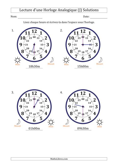 Lecture de l'Heure sur Une Horloge Analogique utilisant le système horaire sur 24 heures avec 30 Minutes d'Intervalle (4 Horloges) (J) page 2