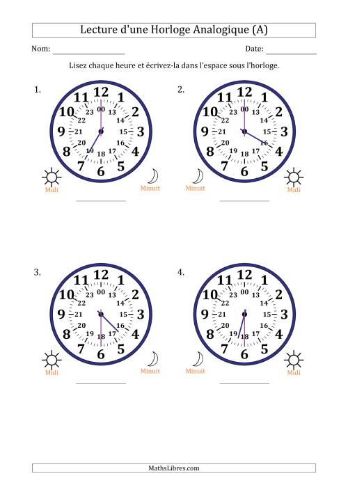 Lecture de l'Heure sur Une Horloge Analogique utilisant le système horaire sur 24 heures avec 30 Minutes d'Intervalle (4 Horloges) (Tout)