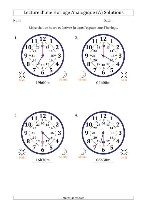 Lecture de l'Heure sur Une Horloge Analogique utilisant le système horaire sur 24 heures avec 30 Minutes d'Intervalle (4 Horloges) (Tout) page 2