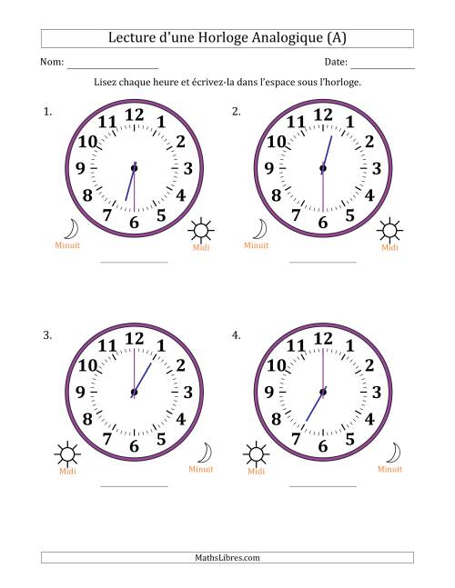 Lecture de l'Heure sur Une Horloge Analogique utilisant le système horaire sur 12 heures avec 30 Minutes d'Intervalle (4 Horloges) (A)