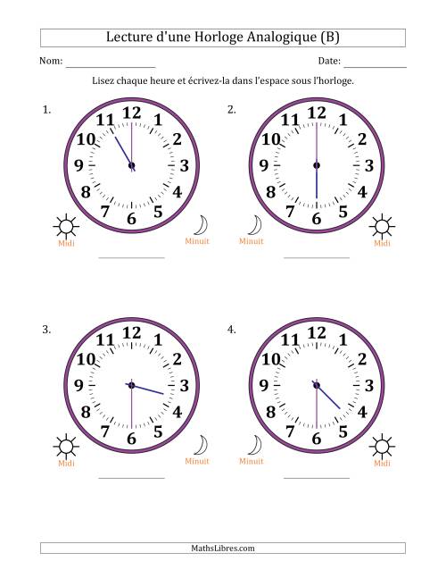 Lecture de l'Heure sur Une Horloge Analogique utilisant le système horaire sur 12 heures avec 30 Minutes d'Intervalle (4 Horloges) (B)
