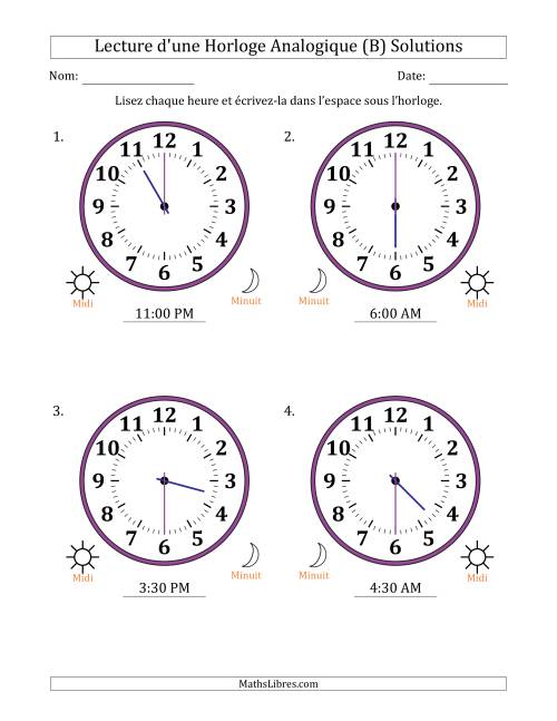 Lecture de l'Heure sur Une Horloge Analogique utilisant le système horaire sur 12 heures avec 30 Minutes d'Intervalle (4 Horloges) (B) page 2