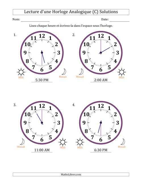 Lecture de l'Heure sur Une Horloge Analogique utilisant le système horaire sur 12 heures avec 30 Minutes d'Intervalle (4 Horloges) (C) page 2