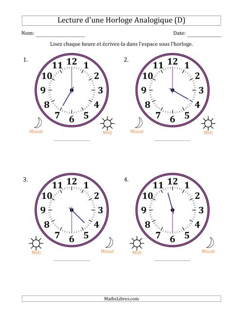Lecture de l'Heure sur Une Horloge Analogique utilisant le système horaire sur 12 heures avec 30 Minutes d'Intervalle (4 Horloges) (D)