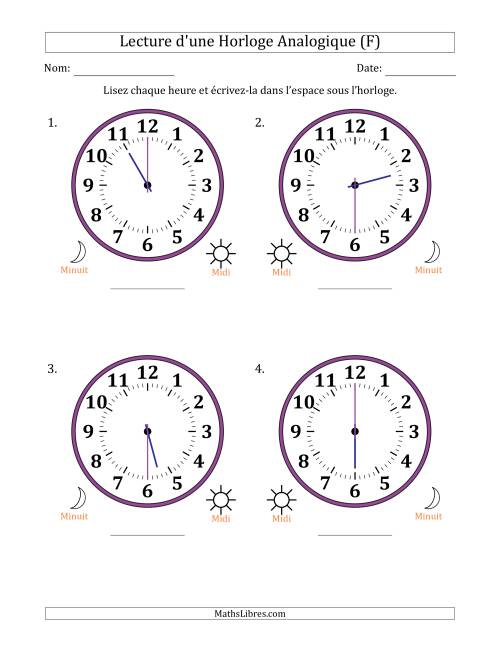 Lecture de l'Heure sur Une Horloge Analogique utilisant le système horaire sur 12 heures avec 30 Minutes d'Intervalle (4 Horloges) (F)