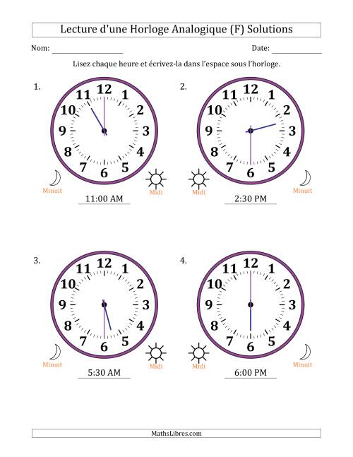 Lecture de l'Heure sur Une Horloge Analogique utilisant le système horaire sur 12 heures avec 30 Minutes d'Intervalle (4 Horloges) (F) page 2