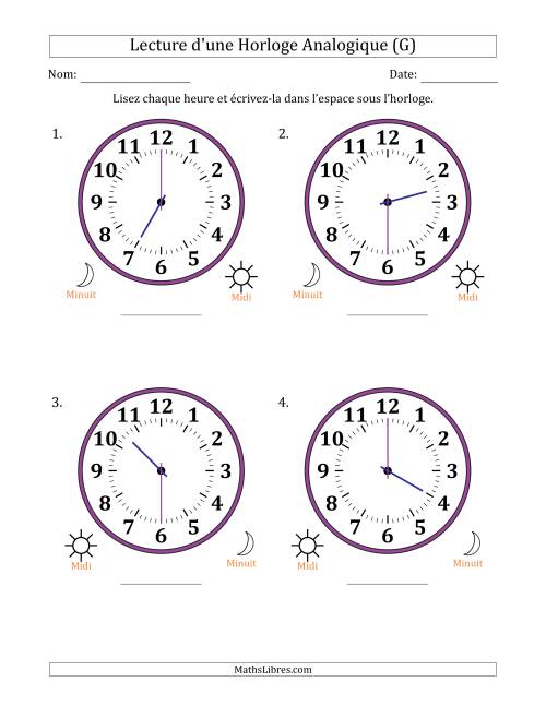 Lecture de l'Heure sur Une Horloge Analogique utilisant le système horaire sur 12 heures avec 30 Minutes d'Intervalle (4 Horloges) (G)