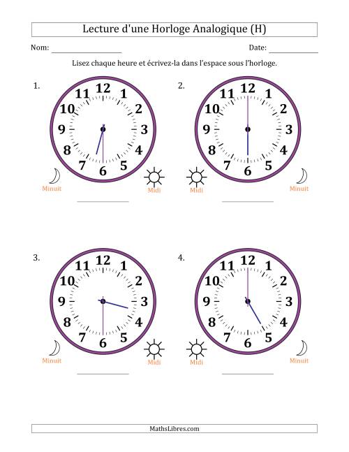 Lecture de l'Heure sur Une Horloge Analogique utilisant le système horaire sur 12 heures avec 30 Minutes d'Intervalle (4 Horloges) (H)