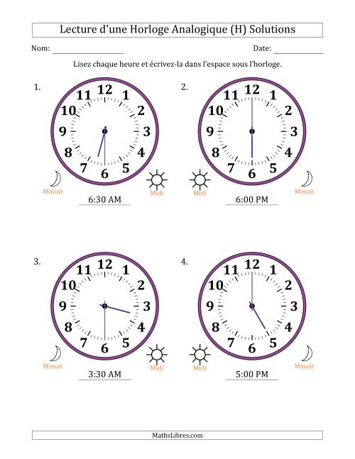 Lecture de l'Heure sur Une Horloge Analogique utilisant le système horaire sur 12 heures avec 30 Minutes d'Intervalle (4 Horloges) (H) page 2
