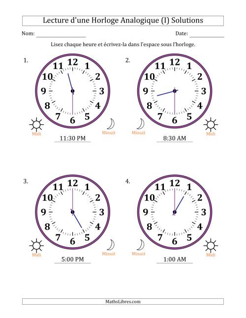 Lecture de l'Heure sur Une Horloge Analogique utilisant le système horaire sur 12 heures avec 30 Minutes d'Intervalle (4 Horloges) (I) page 2