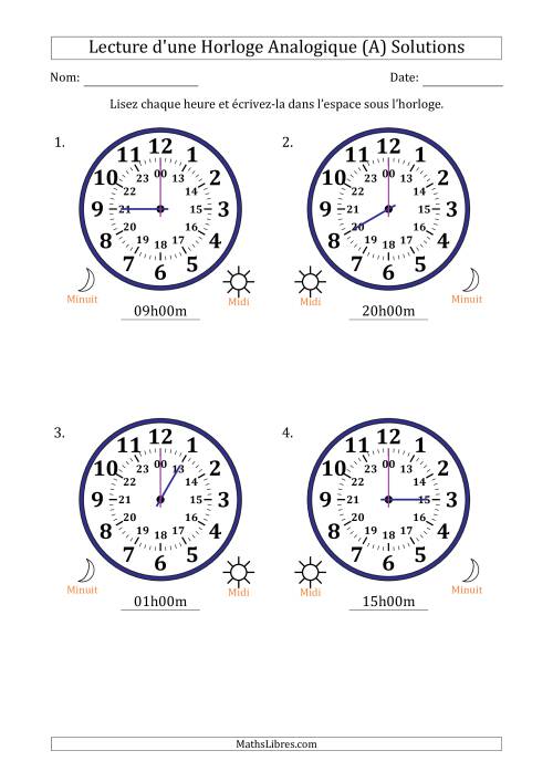 Lecture de l'Heure sur Une Horloge Analogique utilisant le système horaire sur 24 heures avec 1 Heures d'Intervalle (4 Horloges) (A) page 2