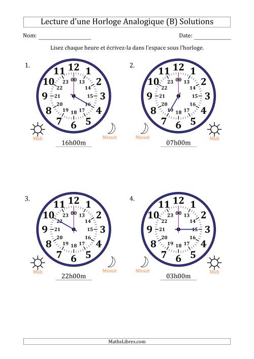 Lecture de l'Heure sur Une Horloge Analogique utilisant le système horaire sur 24 heures avec 1 Heures d'Intervalle (4 Horloges) (B) page 2
