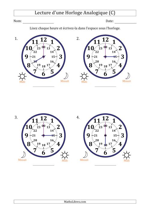 Lecture de l'Heure sur Une Horloge Analogique utilisant le système horaire sur 24 heures avec 1 Heures d'Intervalle (4 Horloges) (C)
