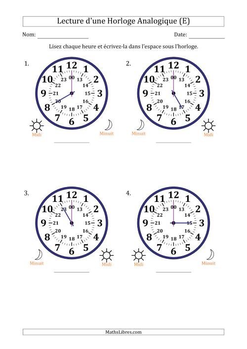 Lecture de l'Heure sur Une Horloge Analogique utilisant le système horaire sur 24 heures avec 1 Heures d'Intervalle (4 Horloges) (E)