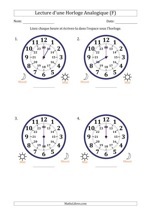 Lecture de l'Heure sur Une Horloge Analogique utilisant le système horaire sur 24 heures avec 1 Heures d'Intervalle (4 Horloges) (F)