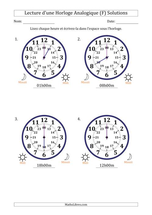 Lecture de l'Heure sur Une Horloge Analogique utilisant le système horaire sur 24 heures avec 1 Heures d'Intervalle (4 Horloges) (F) page 2