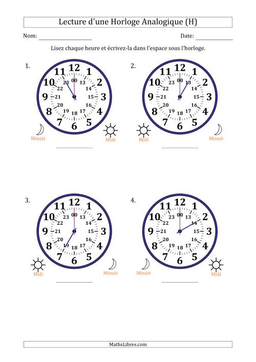 Lecture de l'Heure sur Une Horloge Analogique utilisant le système horaire sur 24 heures avec 1 Heures d'Intervalle (4 Horloges) (H)
