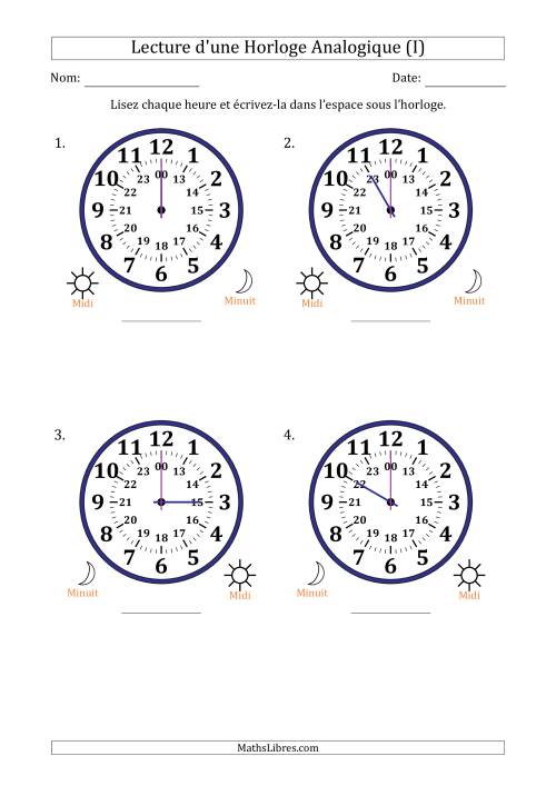 Lecture de l'Heure sur Une Horloge Analogique utilisant le système horaire sur 24 heures avec 1 Heures d'Intervalle (4 Horloges) (I)