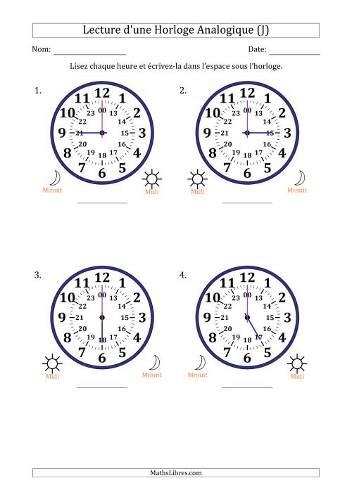 Lecture de l'Heure sur Une Horloge Analogique utilisant le système horaire sur 24 heures avec 1 Heures d'Intervalle (4 Horloges) (J)