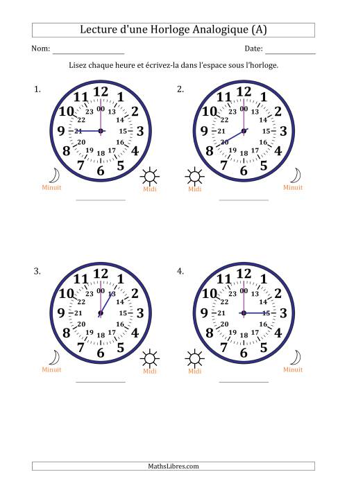 Lecture de l'Heure sur Une Horloge Analogique utilisant le système horaire sur 24 heures avec 1 Heures d'Intervalle (4 Horloges) (Tout)