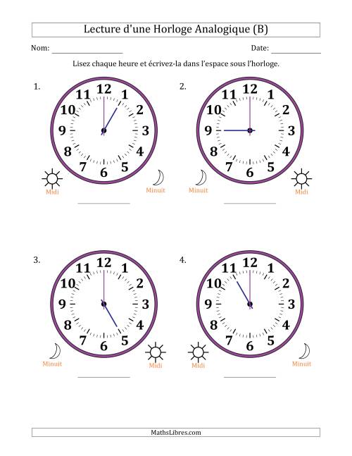 Lecture de l'Heure sur Une Horloge Analogique utilisant le système horaire sur 12 heures avec 1 Heures d'Intervalle (4 Horloges) (B)
