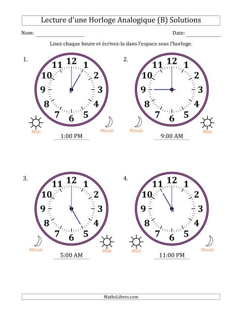 Lecture de l'Heure sur Une Horloge Analogique utilisant le système horaire sur 12 heures avec 1 Heures d'Intervalle (4 Horloges) (B) page 2