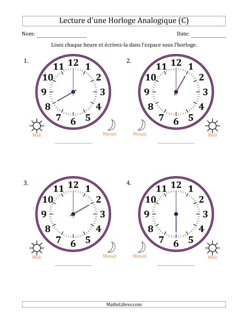 Lecture de l'Heure sur Une Horloge Analogique utilisant le système horaire sur 12 heures avec 1 Heures d'Intervalle (4 Horloges) (C)