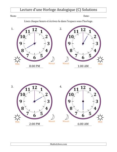 Lecture de l'Heure sur Une Horloge Analogique utilisant le système horaire sur 12 heures avec 1 Heures d'Intervalle (4 Horloges) (C) page 2
