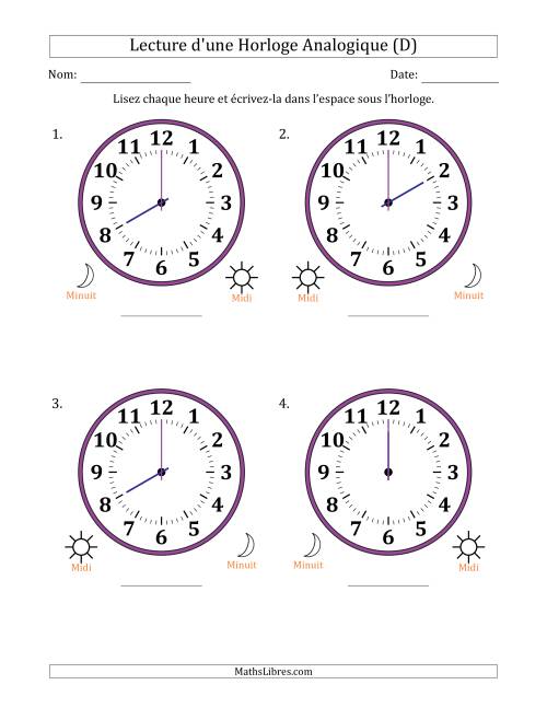 Lecture de l'Heure sur Une Horloge Analogique utilisant le système horaire sur 12 heures avec 1 Heures d'Intervalle (4 Horloges) (D)