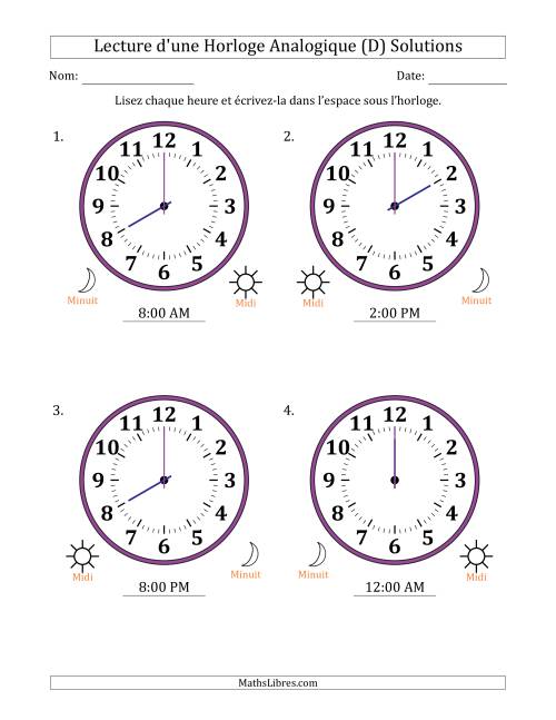 Lecture de l'Heure sur Une Horloge Analogique utilisant le système horaire sur 12 heures avec 1 Heures d'Intervalle (4 Horloges) (D) page 2